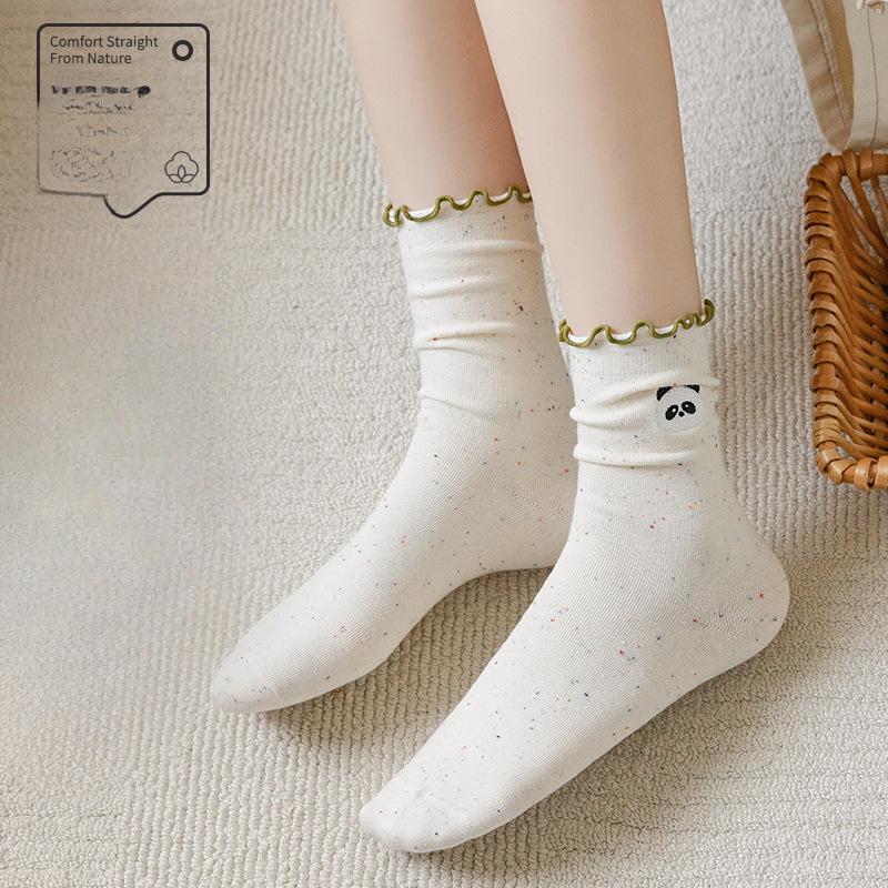 Embroidered Socks for Women, Spring and Autumn Mid-calf Socks, Black Fungus Lace Long Socks, Sweat-absorbing Pile Socks, Cute Boneless Socks