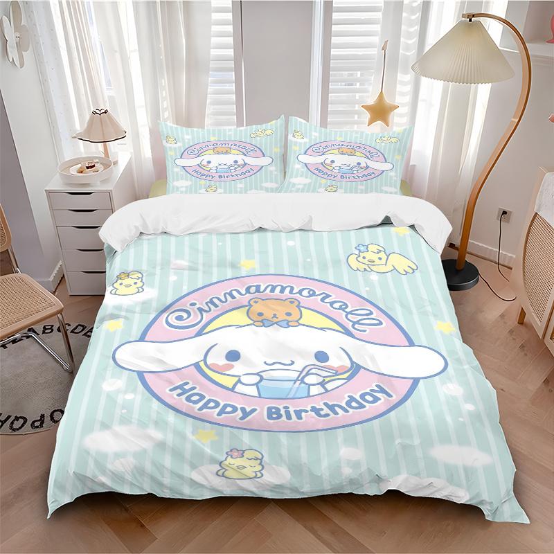 3pcs Cinnamoroll's Sweet Birthday Celebration Printed Duvet Cover Set (1 * Cover+2 * Pillowcase, Without Core), Suitable for Home Bedroom, Guest