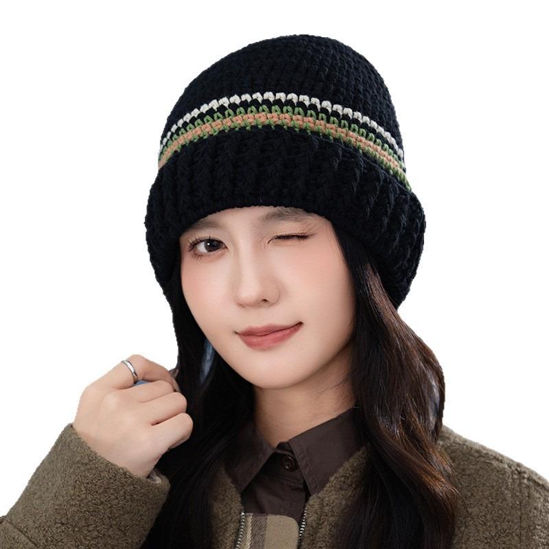 Striped color matching wool knitted hat autumn and winter hat women's big head circumference pullover hat versatile face small cold hat