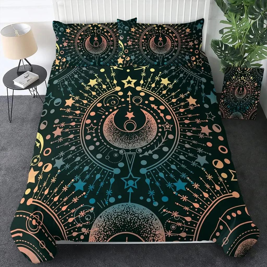 Neon Mandala Duvet Cover Set Full Queen Boho Hippie Bedding Set Ancient Mayan Calendar 3D Print Abstract Comforter Cover