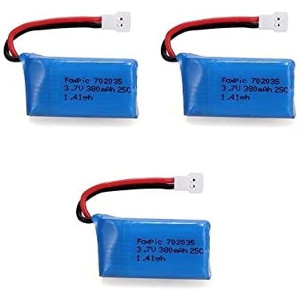 3-Pack LiPo Rechargeable Batteries 3.7V 380mAh | Compatible with HUBSAN X4 H107L/C/D, V252, JXD 385 | High Quality, Blue