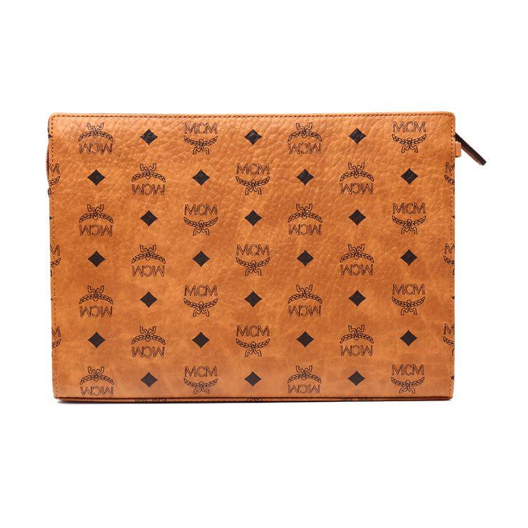 MCM Visetos Leather Clutch Bag with Metal Logo Plaque & Zip Closure for Daily & Party Use