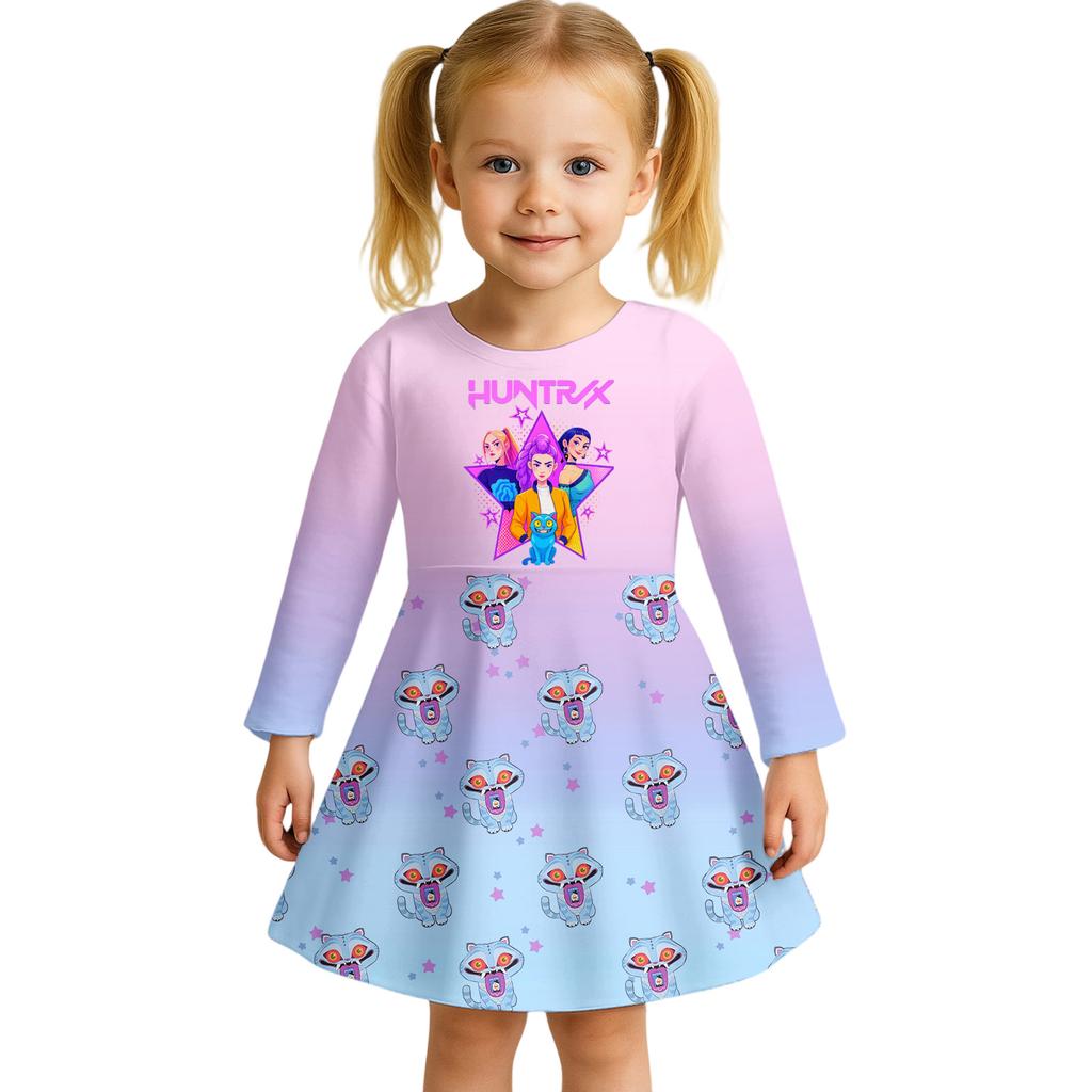 Kids Girls Casual Daily Dress Cute Cartoon Print Long Sleeves Dance Wear Princess Dress  2-12 Years