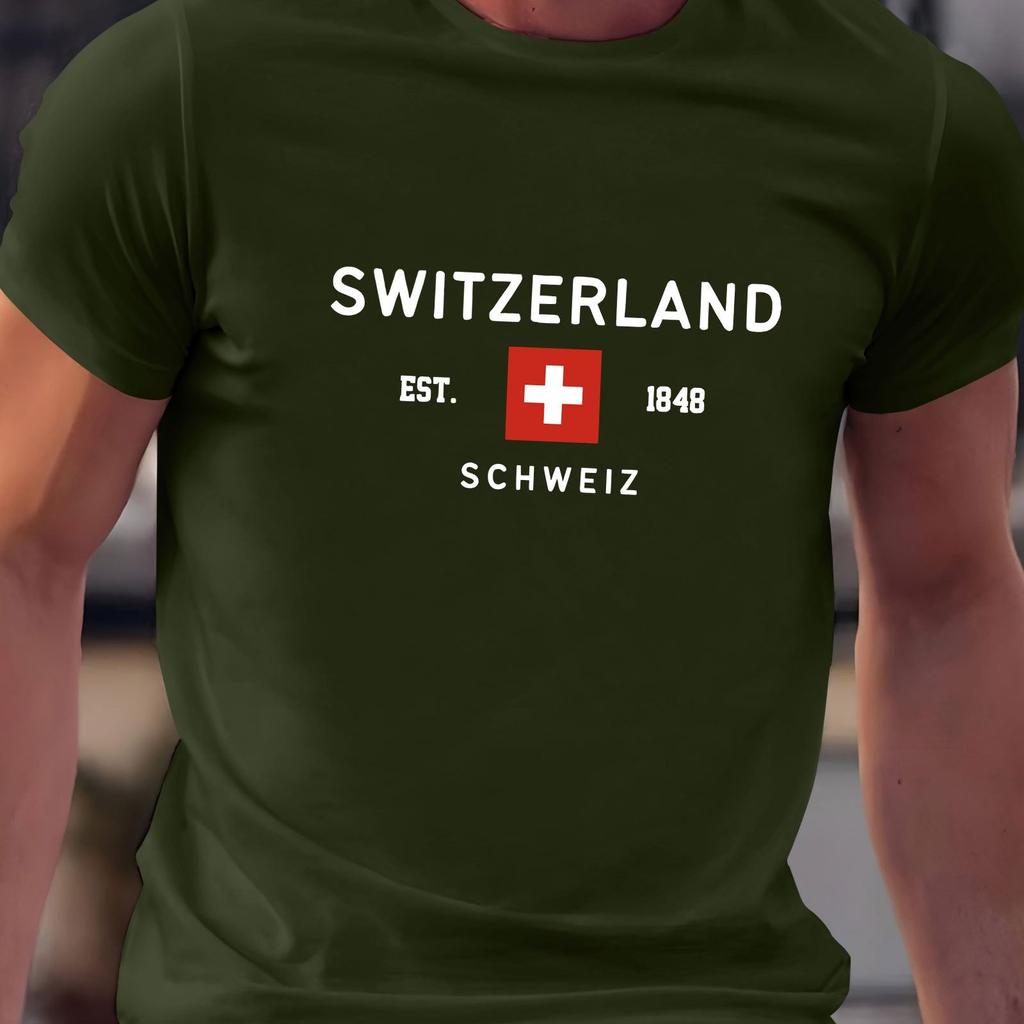 Summer Men's 100% Pure Cotton Casual Loose Plus Size Switzerland Pattern Printed Round Neck Short Sleeved T-shirt Top