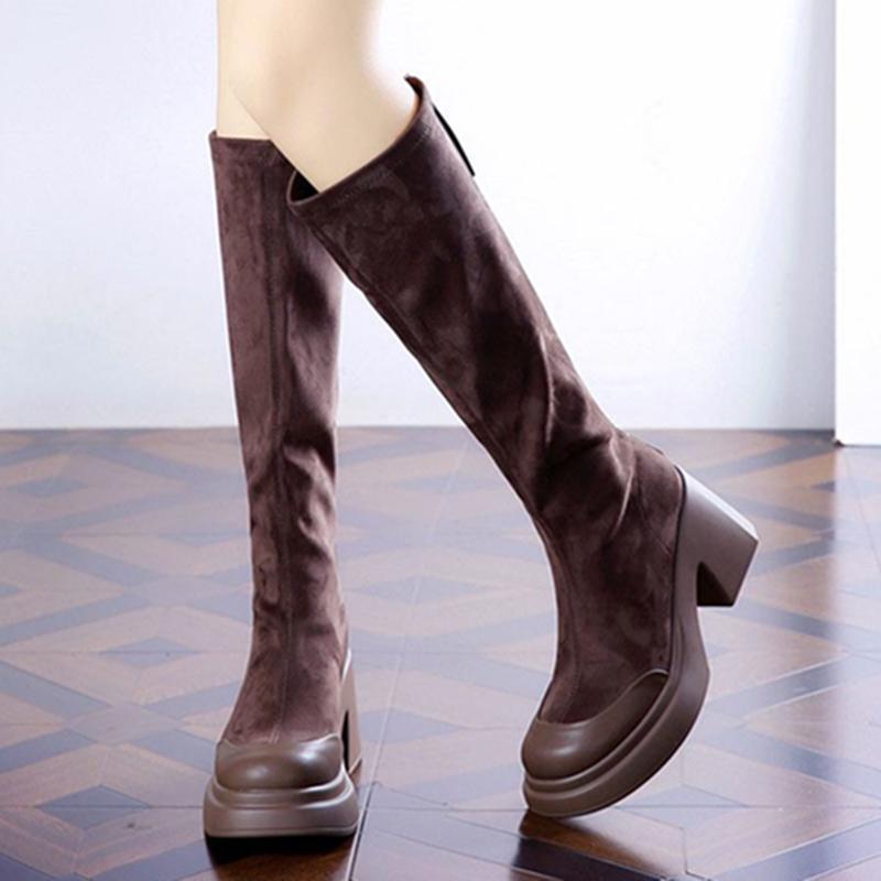Winter Round Toe Square Heel Long-tube Fashionable New Women's Shoes Elegant Comfortable and Wear-resistant Boots Zapatos Mujer