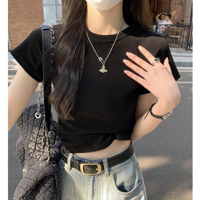 Pure Cotton High-waisted Short T-shirt for Women Summer New Round Neck Raglan Top Short-sleeved Bottoming Shirt