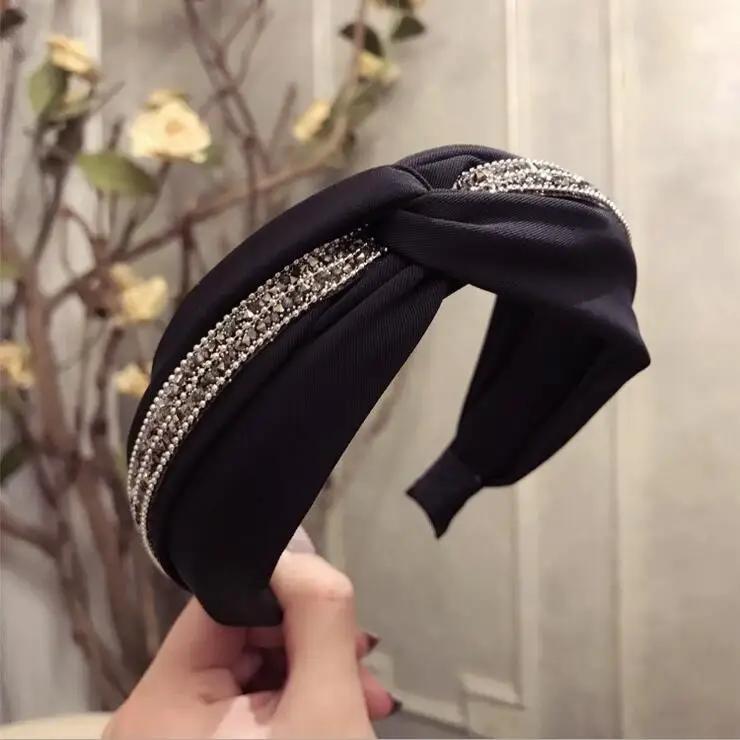 Fashion Shining Rhinestone Hairband Women Solid Headband Adult Classic Black Yellow Hair Accessories Wholesale Female Turban