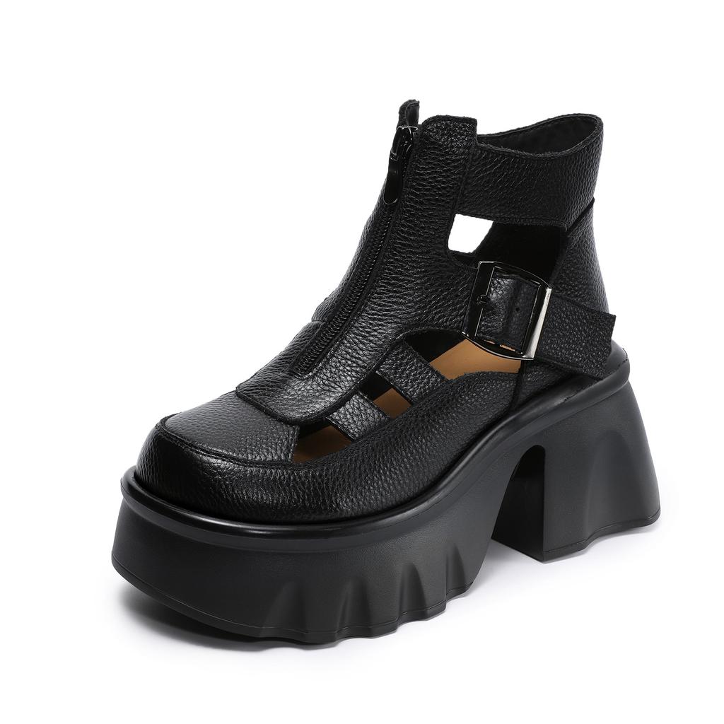 Johnature Sandale Romane Retro Piele Naturală Platformă Groasă Fermoar Botine Decupate Femei