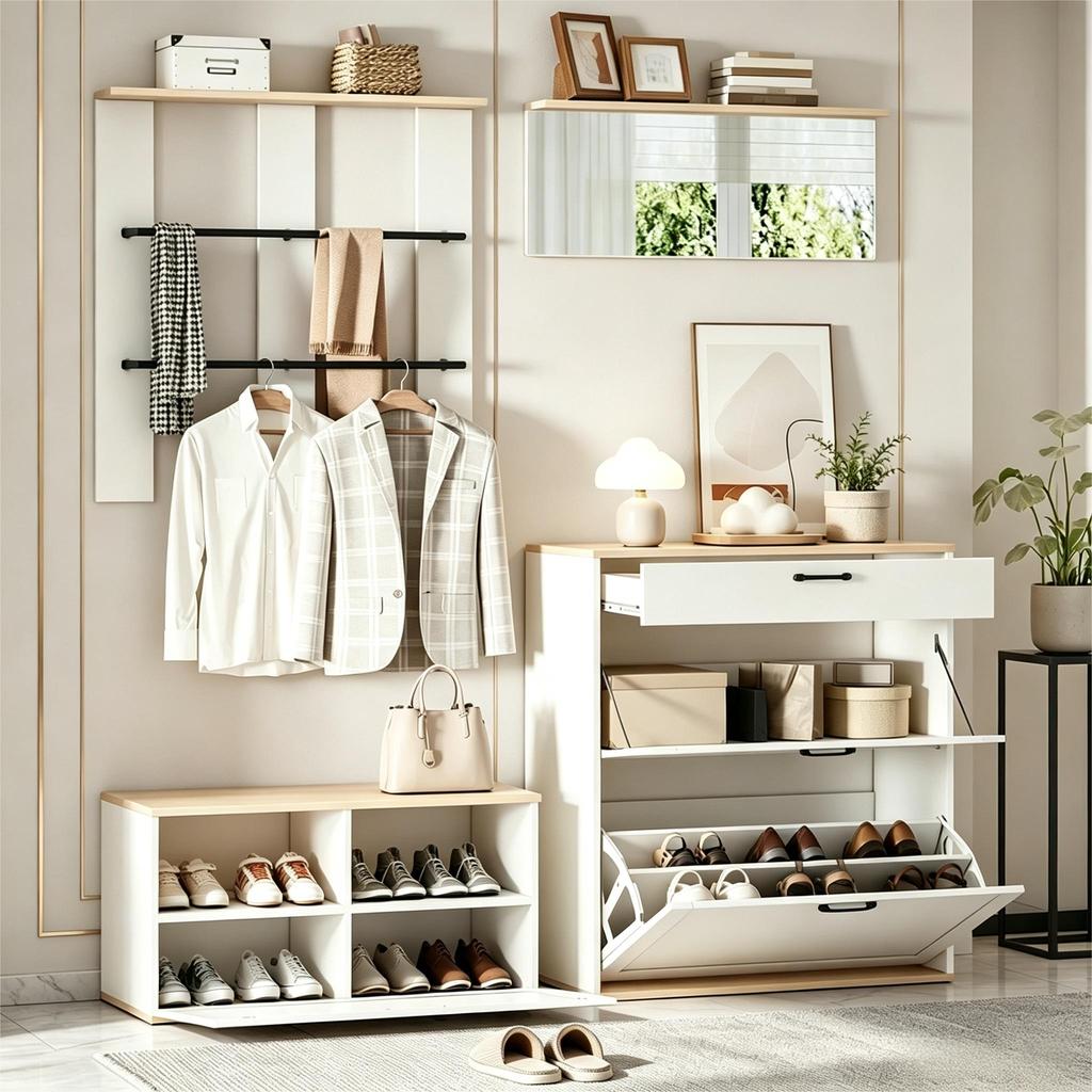 Coat Rack Set, Drawer, Mirror, Shoe Cabinet with Shoe Bench, Can Be Combined, Suitable for Entryway, Living Room, White + Wood Tone, 156x36x176cm