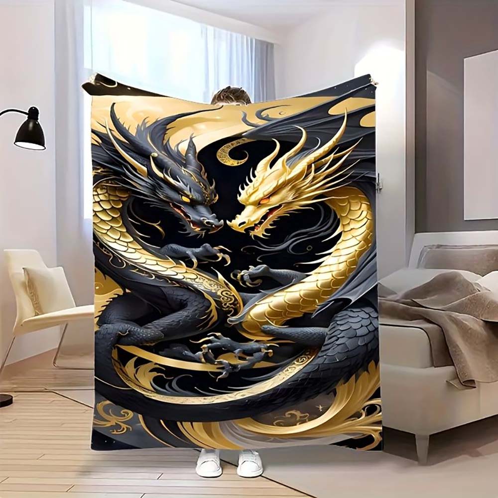 1pc Luxury Black Gold Chinese Dragon Flannel Blanket Soft Warm Home Decor Throw Blanket for Bedroom Living Room