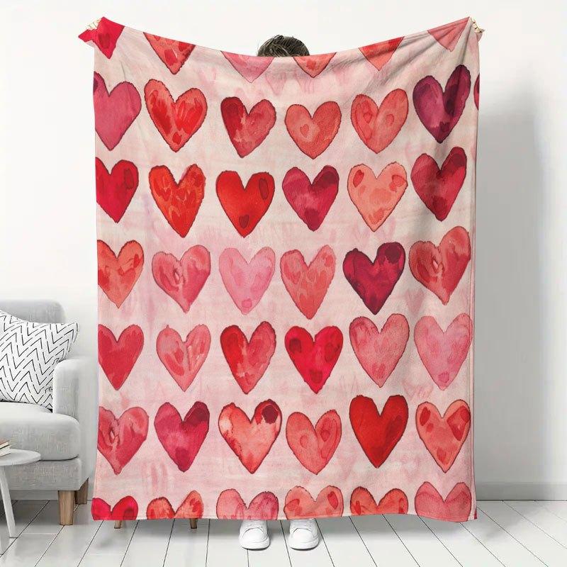1pc Watercolor Heart Print Flannel Blanket, Autumn Winter Warm Office Nap Blanket, Home Bedroom Sofa Blanket, Valentine'S Day Atmospheric Decorative B