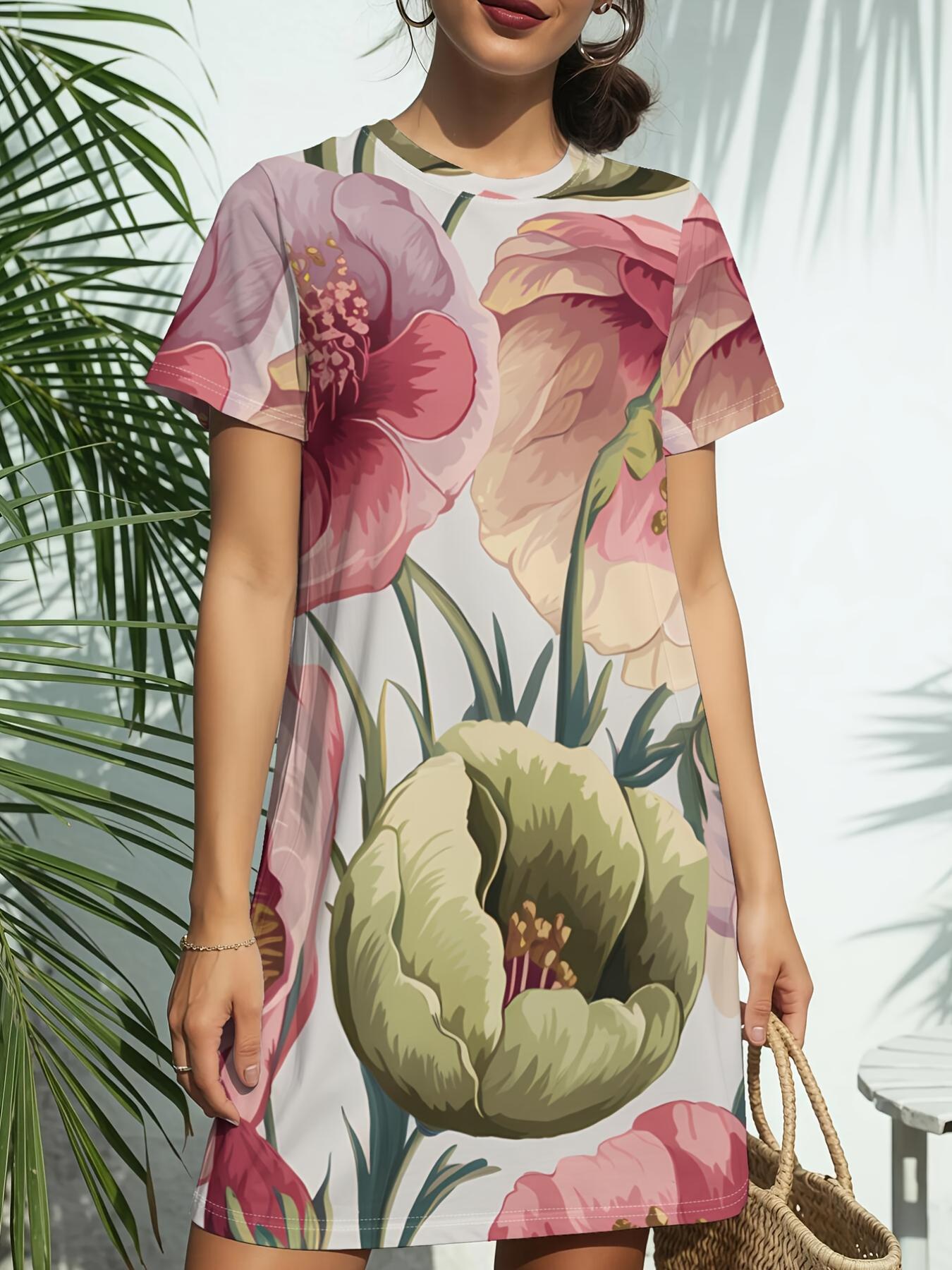 

Pastel Peonies Women s Short Sleeve T-Shirt Dress - Pastel Peony Print Crew Neck Casual Dress. Spring Summer Blouse Dress Suitable for Daily Wear. Gif 7XL дубильна кора