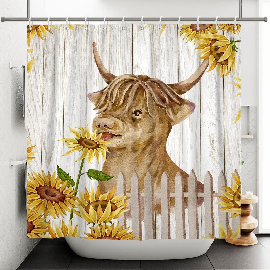 Farm Cow Shower Curtain Sweet Cheek Funny Cow With Sunflower Vintage Barn Farm Animal Waterproof Bathtub Shower Curtain