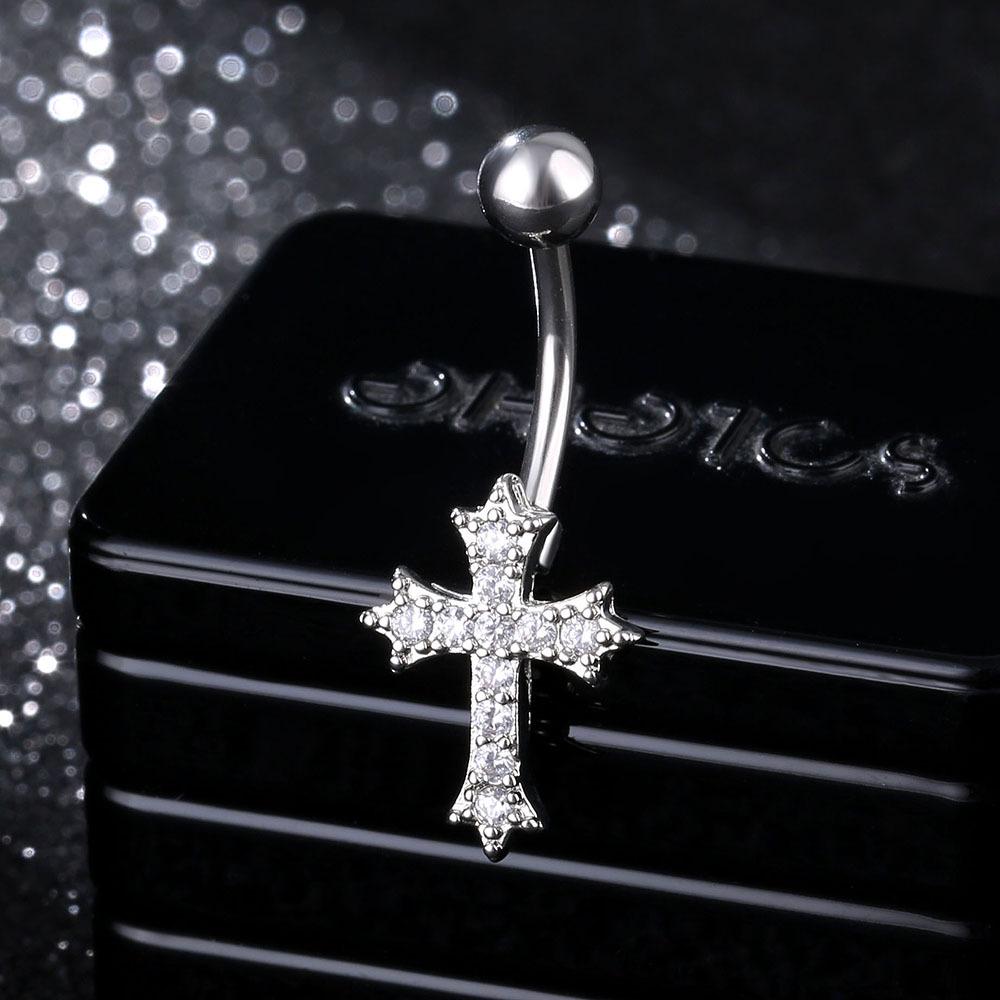 Rhinestone Cross Belly Button Ring Curved Bar Navel Piercing Jewelry Stainless Steel Belly Stud
