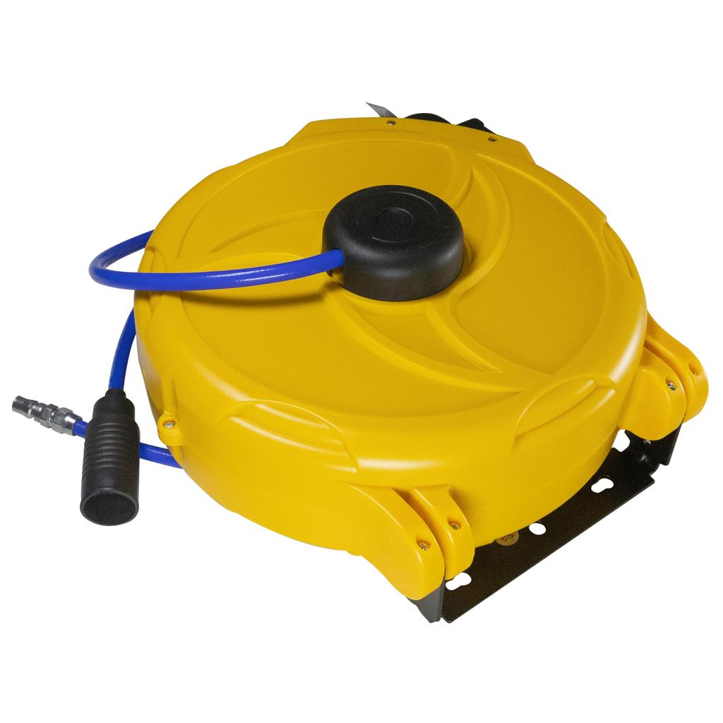 Furtun de aer, rolă pentru furtun de aer, înfășurare automată, montare pe perete, diametru interior x diametru exterior, 15 m, compresor de aer inclus, furtun albastru, corp galben, HFS(R) 6.5mm