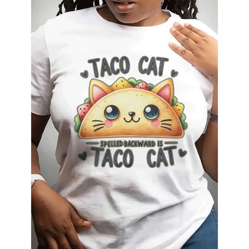 Plus Size, Women s Funny Tacocat Palindrome Graphic Tee - Cute Taco-Cat Face Design S белый