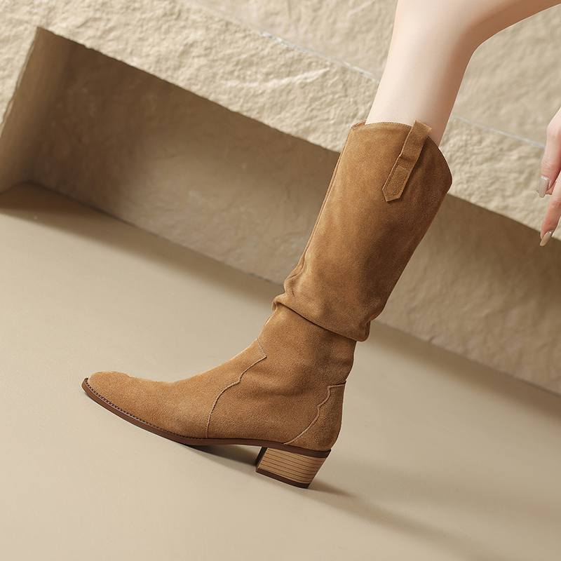 Krazing Pot Cow Suede Winter Round Toe Thick Med Heels Modern Boots Women Zipper Pleated Decoration Thigh High Boots