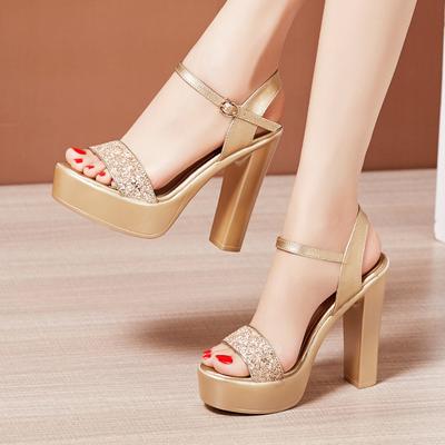 Ankle Strap Square High Heels Women Summer  Roman Sliver Gold Sandals Large Size Thick Platform Shoes For Female A0027