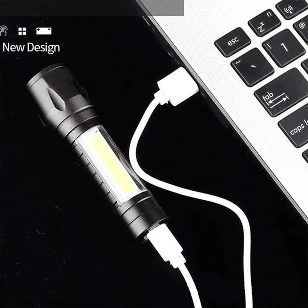 Portable COB+LED Camping Light Flashlight USB Rechargeable Zoom Tactical Torch Lamp Side Lamp Waterproof Outdoor Emergency Torch
