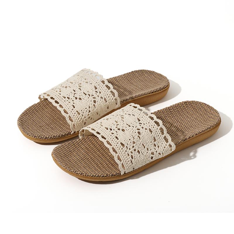 Eleganti pantofole da donna in lino con rifiniture in pizzo, scarpe estive perfette per le signore