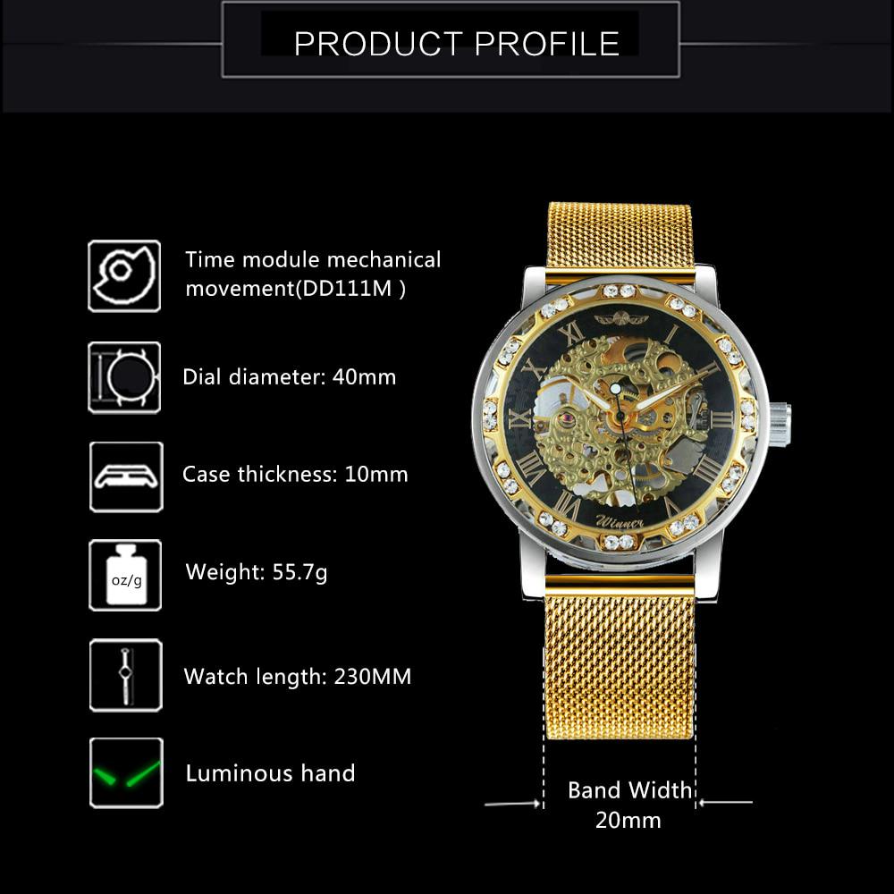WINNER Goldene Uhren Männer Skeleton Mechanische Uhr Kristall Mesh Schlank Edelstahl Band Top Marke Luxus Hand Wind Armbanduhr Business Uhr