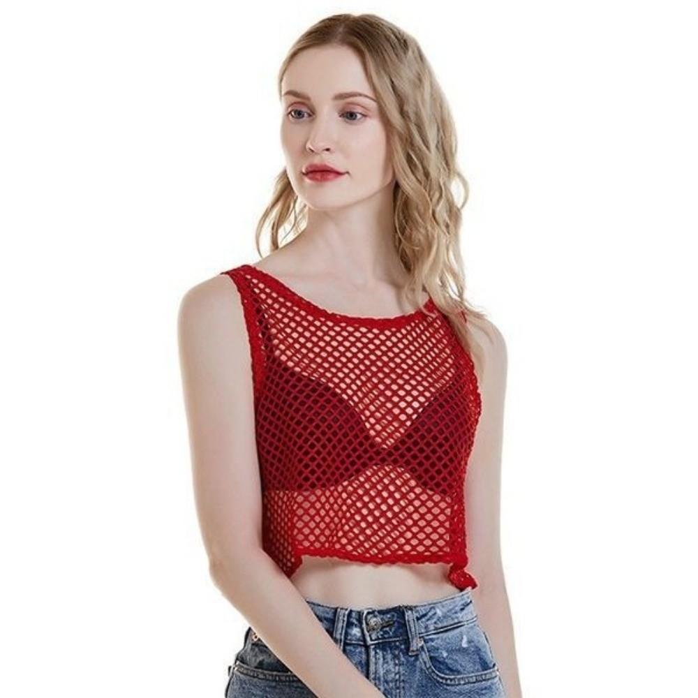 Short Vest Hollow Out Top Sexy Style Crop Top Loose T-shirt Mesh T-shirt  Female Fashion