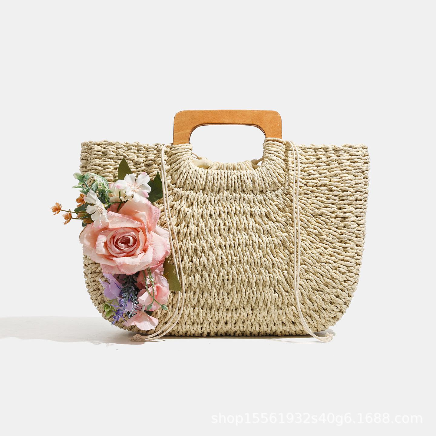 Rose Grass Woven Bag, Vacation Style Hand-held Woven Bag, Women s New Trendy Large Capacity Tote Bag
