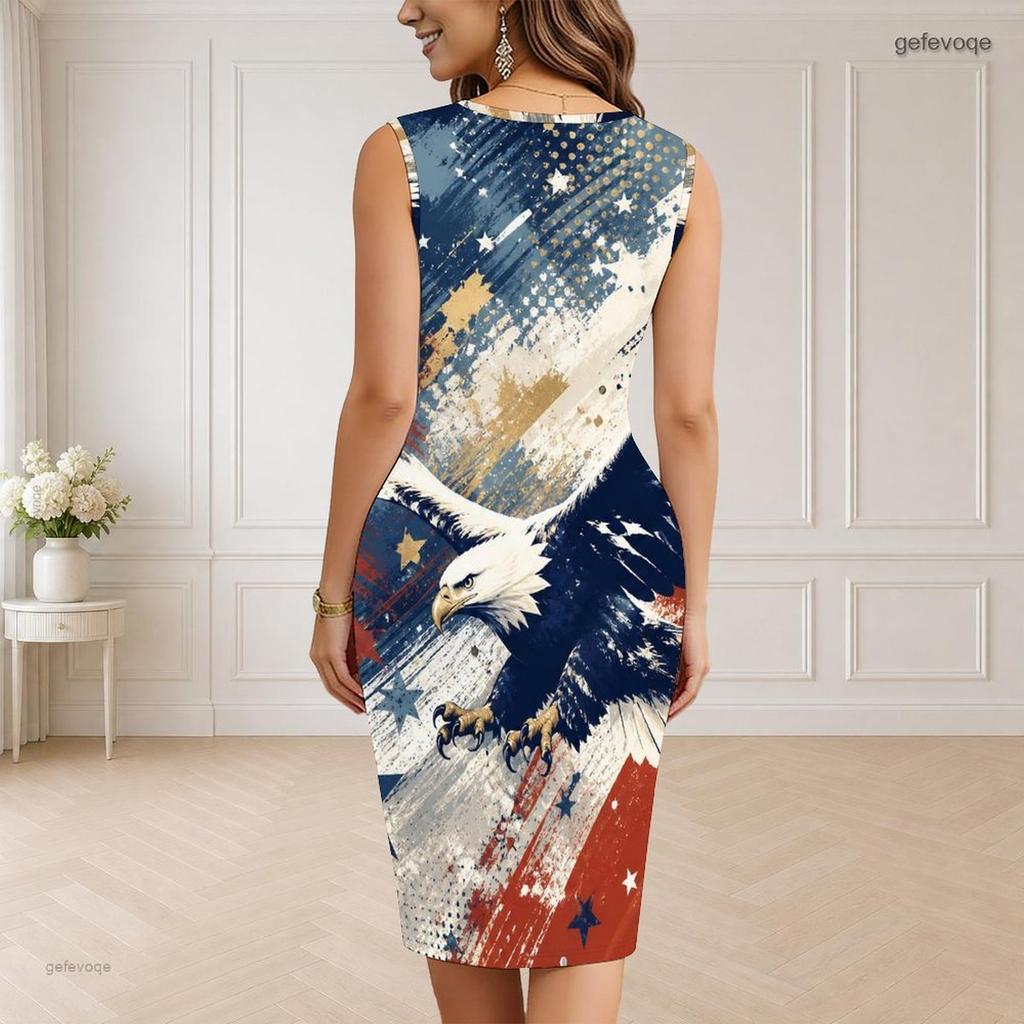 Women Plus Size V Neck Sleeveless Galaxy Printed Bodycon Midi Dress
