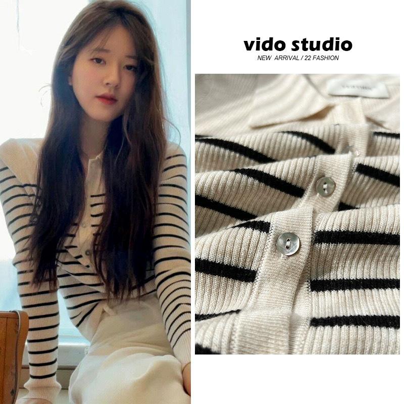 Zhao Lusi Style Striped Polo Collar Wool Knit Sweater - Women's Spring Slim Fit Long Sleeve Top