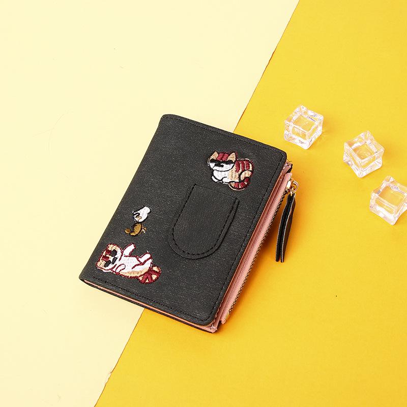 Women's Short Korean Cartoon Cat Wallet & Coin Purse - Cute Embroidered Kitten Card Holder