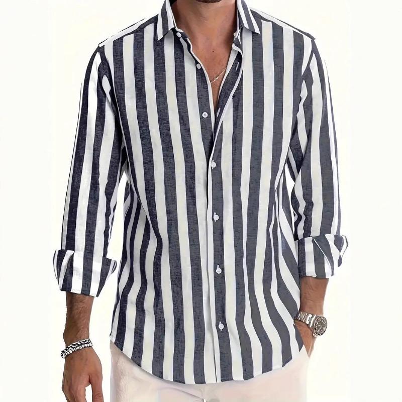New Spring Autumn Men's Fashion Casual Striped Loose Long-sleeved Shirt Outfit Elegante Hombre