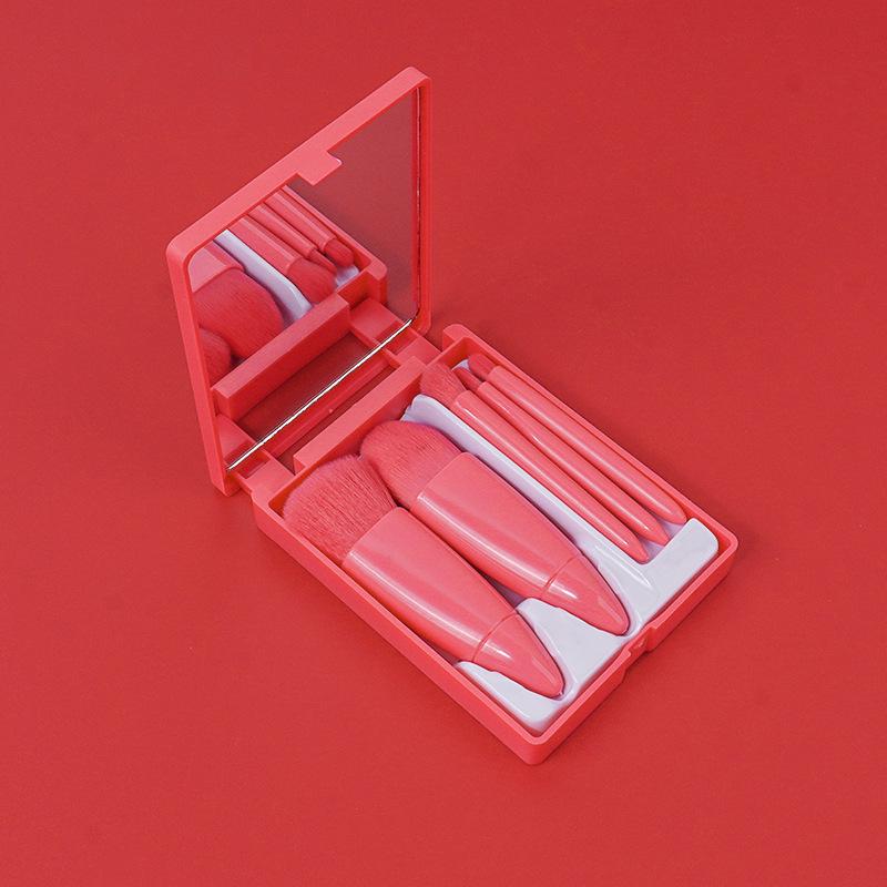 5-teiliges tragbares Make-up-Pinselset mit Spiegel - Multifunktionales Beauty-Tool für Puder und Rouge