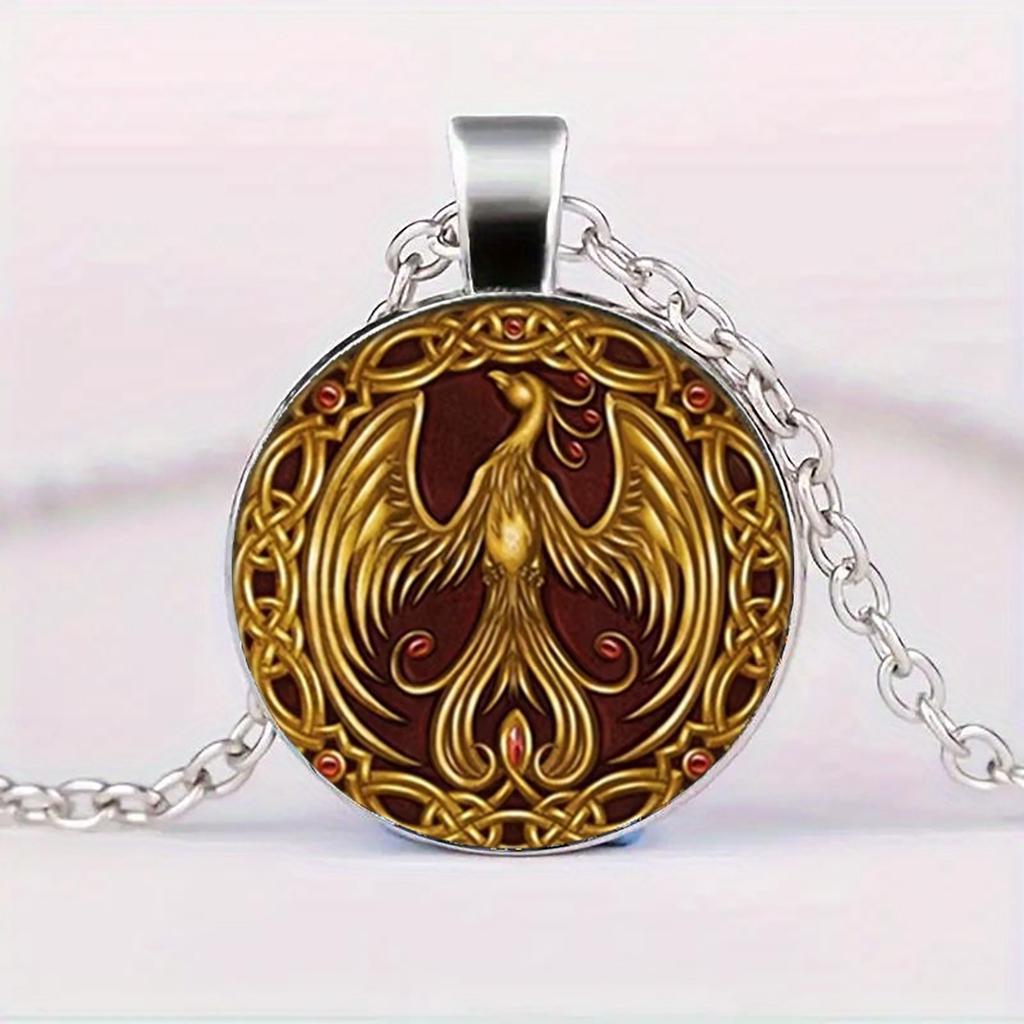 A Golden Phoenix Necklace With A Convex Glass Pendant Chain, Suitable For Both Men And Women.