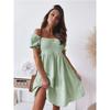 Women Off Shoulder Short Sleeve Ruched Waist Solid Dress Casual Smocked Bodice Tiered Hem Mini Sundress Summer
