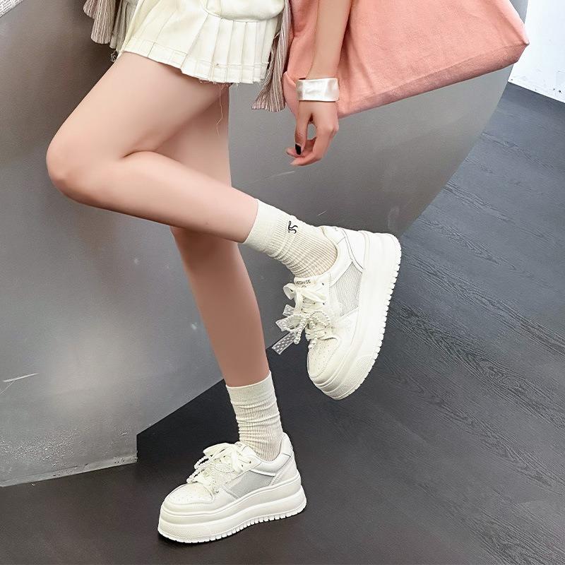 Leather mesh white shoes women's summer thin breathable light thick sole increase small casual sports board shoes