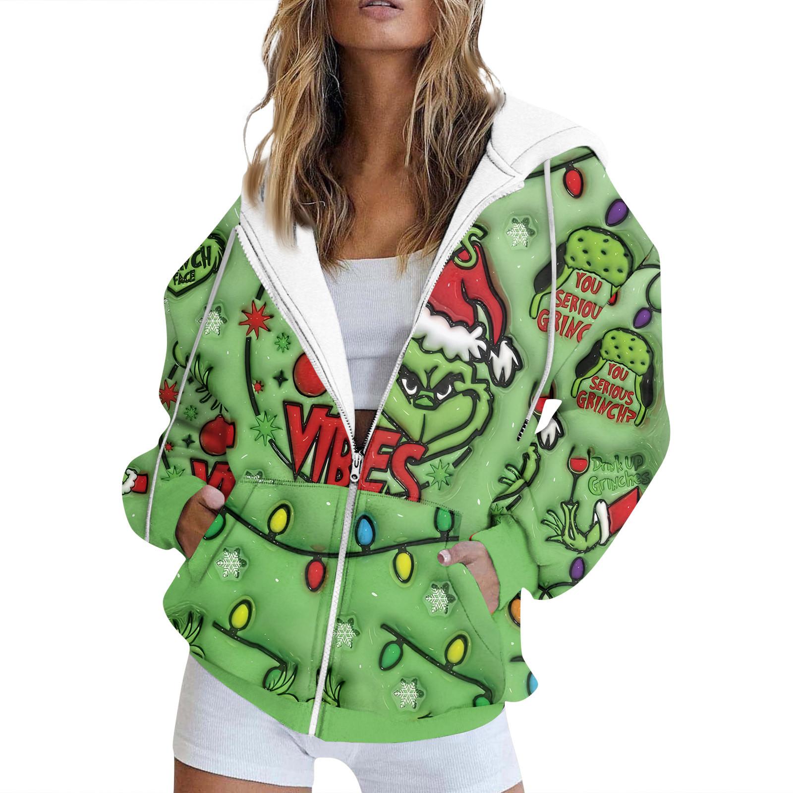 

Women s Fashion Casual Printed Sweatshirt And Winter Long Sleeve Pocket Cardigan Jacket Zipper Hoodie Coat L зелений