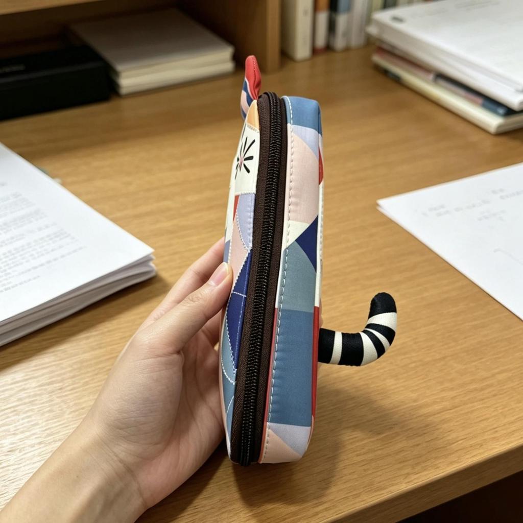 Japanese Patchwork Kitten Pencil Case - Cute Ins Style Cartoon Design with Color Block for Students