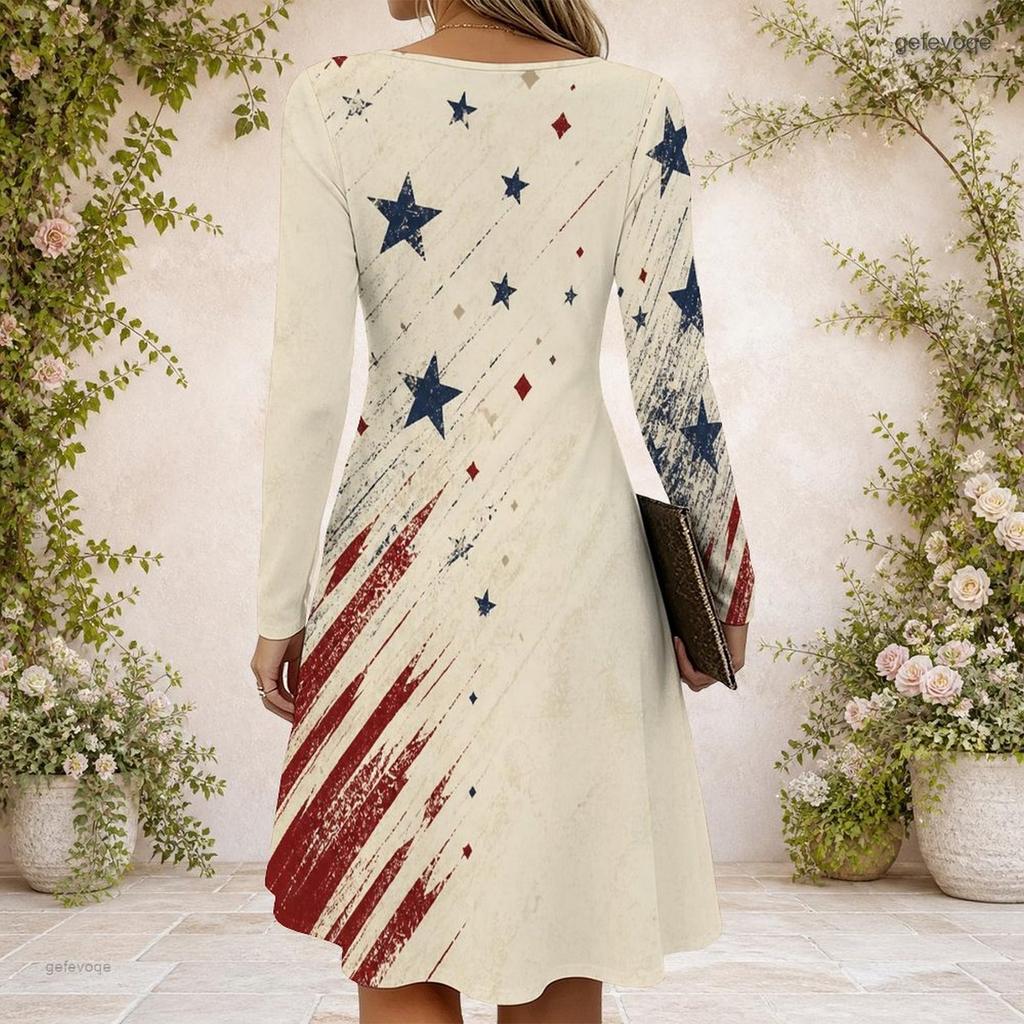 Women Criss Cross V Neck Long Sleeve Beige Printed Fitted Curved Hem Dress