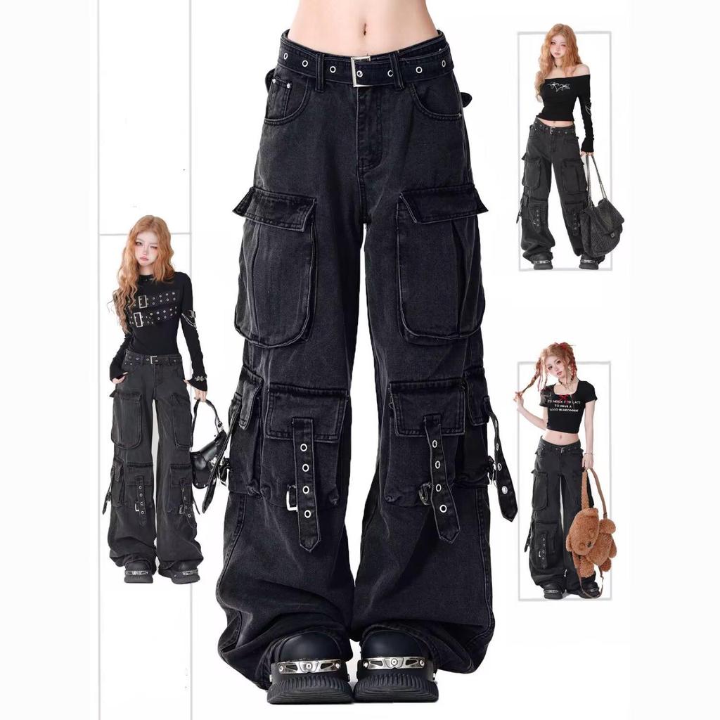 American Vibe Damen Schwarze Weite Workwear Jeans - Mehrere Taschen, Bodenlang (Herbst/Winter 2025)
