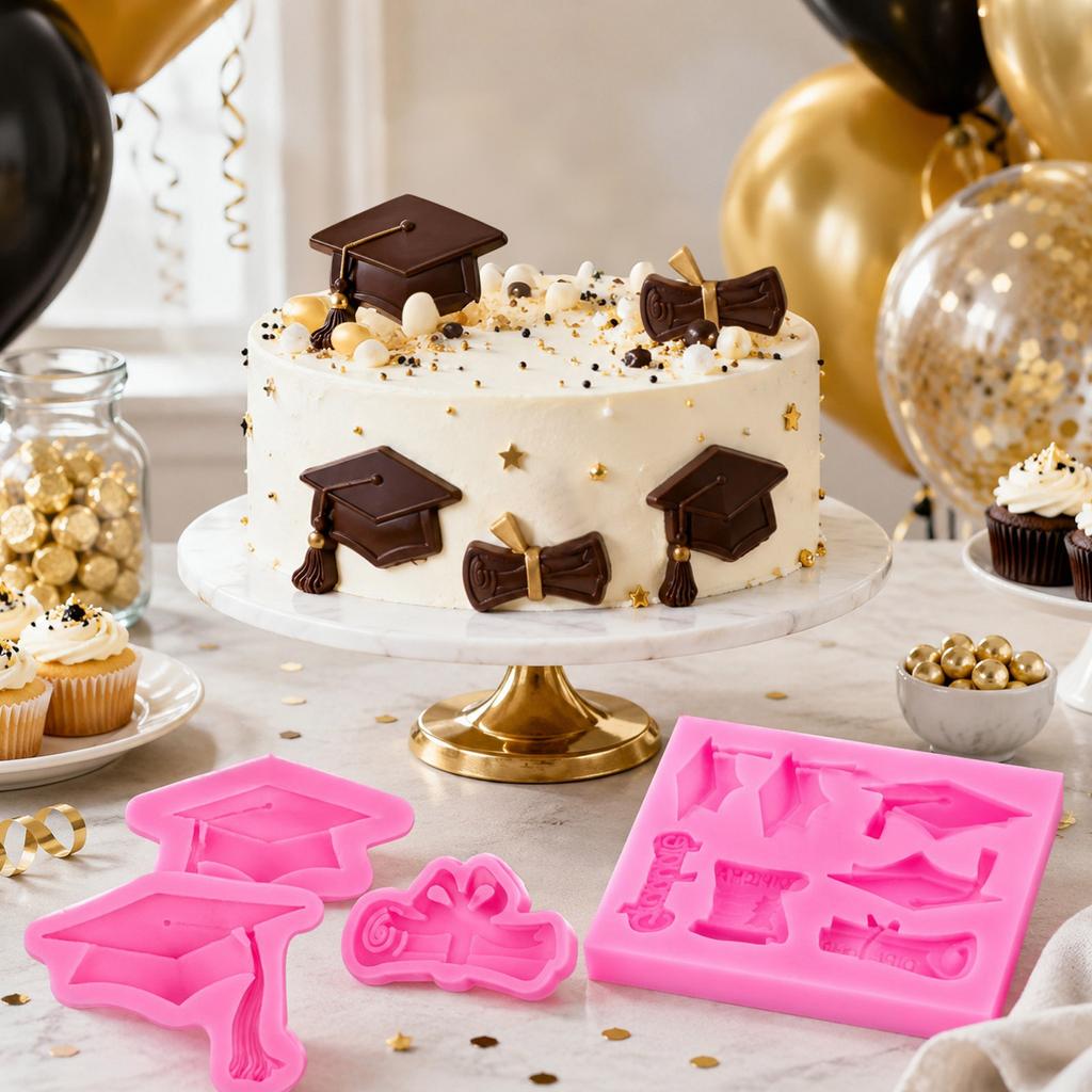 Silicone Graduation Cap Diploma Mold Set for Fondant Cake Chocolate Baking Decoration Tools Flexible Non-Stick Molds for Edible Crafting
