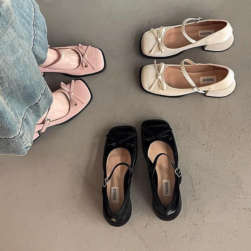 Summer new retro bow French thick heel high heels shallow mouth Mary Jane shoes Korean version gentle middle heel single shoes