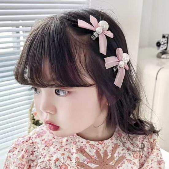 2Pcs Kids Hairpins Ribbon Bow Faux Pearls Decor Baby Hair Clips Rounded Edges Gentle Clamping Force Mini Size Hair Pins