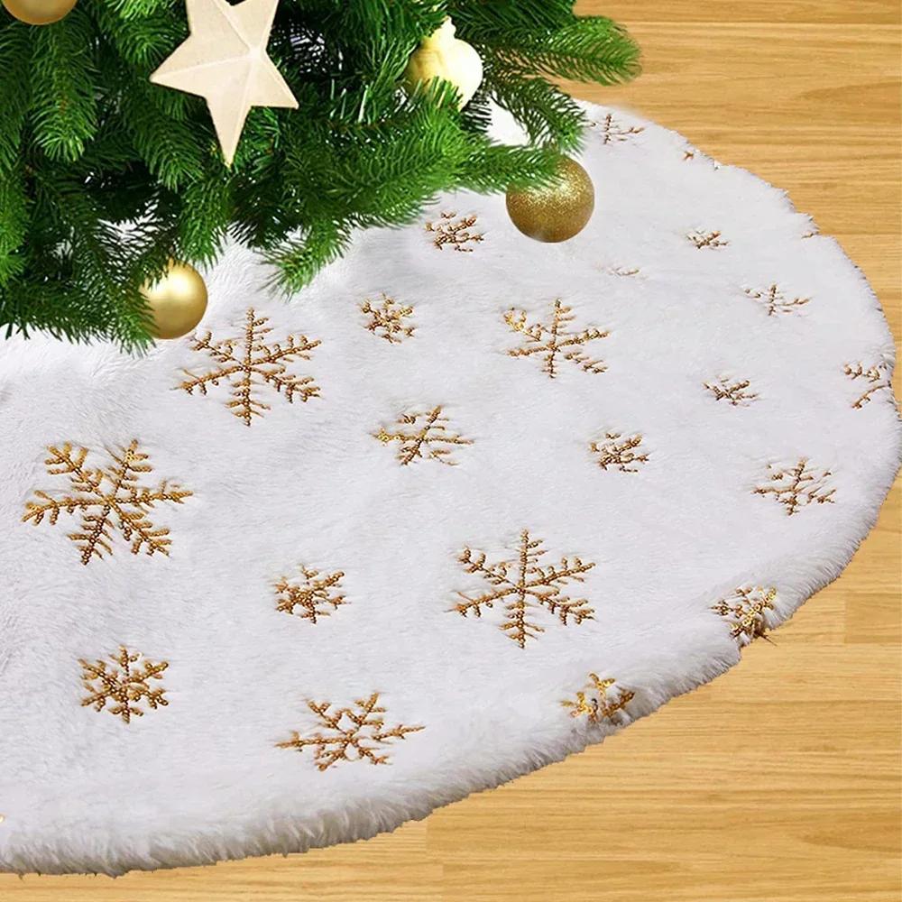 1pc 38CM White Snowflake Christmas Tree Skirt, Faux Fur Plush Xmas Base Cover Round Mat for Holiday Party, Autumn Halloween