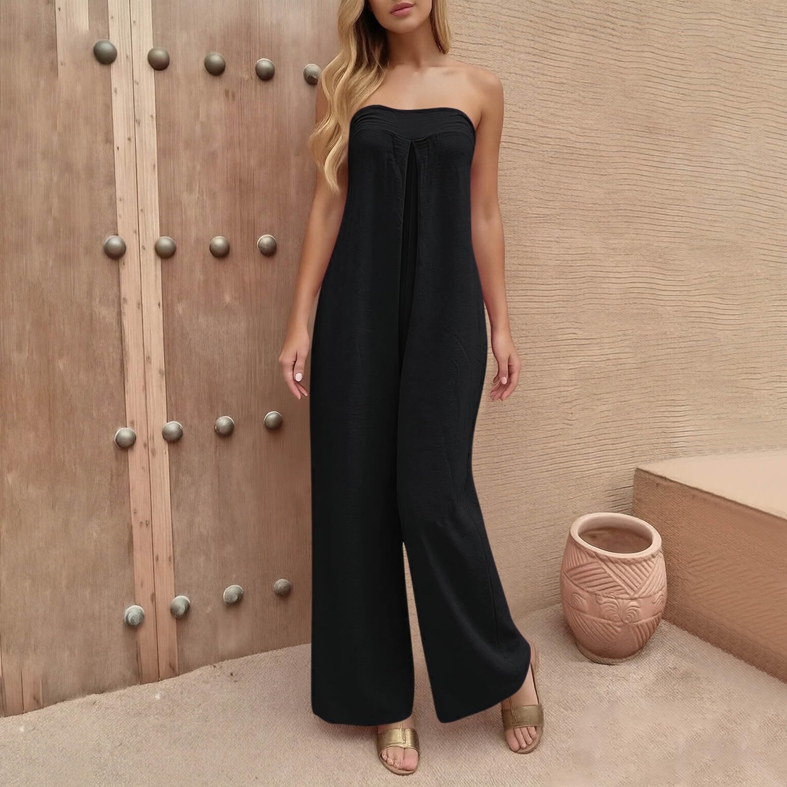 Комбинезоны для женщин без рукавов на тонких бретельках Женский комбинезон Широкие штанины С карманами L чёрный