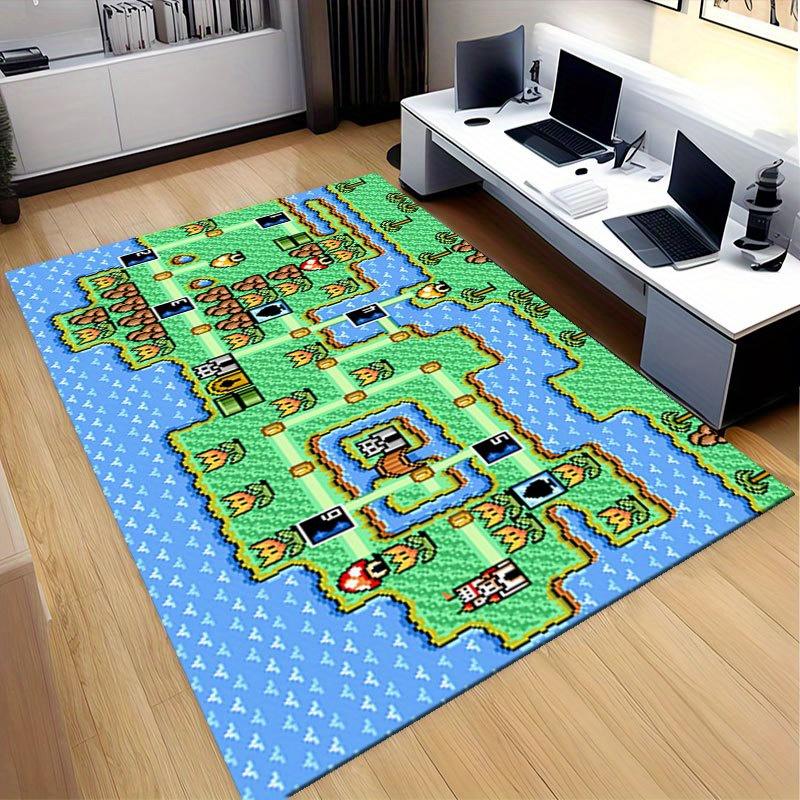Nostalgic Retro Game Themed Rug, Anti-Slip Mat with 8-Bit Pixel Map Design for Gaming Room Bedroom, Gamer Decorative Carpet