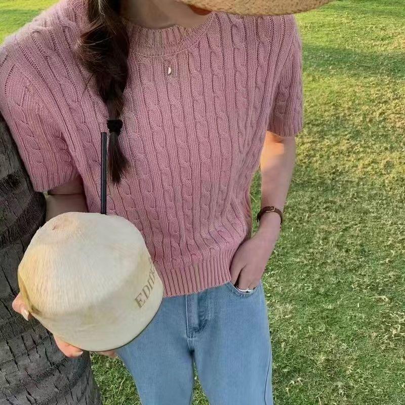 Women's Summer 2025 Korean Retro Cable Knit Short Sleeve Top