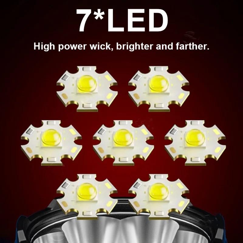 990000 Powerful Flashlight With 7 Wicks Super Tactical Light With COB Side Light Camping Lantern USB Rechargeable Outdoor Torch