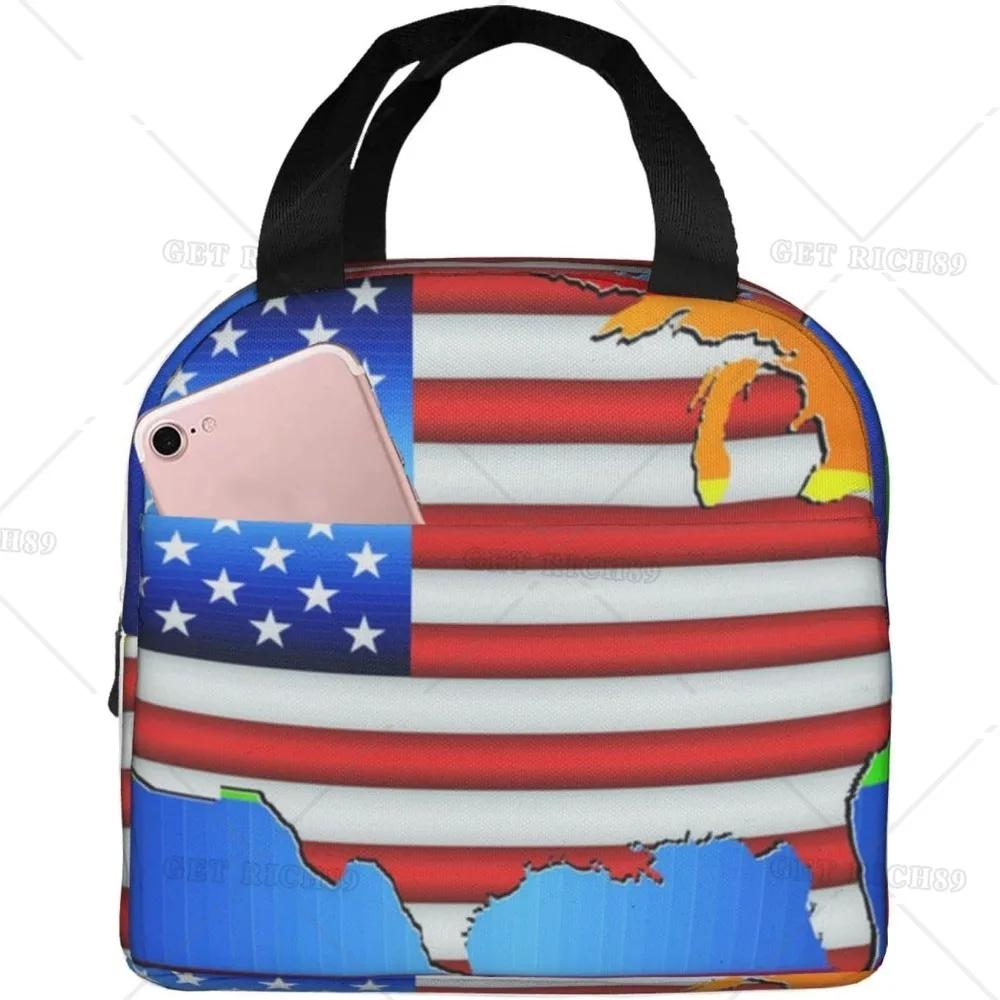 American Usa Flag Lunch Tote Bag for Women Men Reusable Insulated Cooler Lunch Box Container with Pocket for Work Office Trip