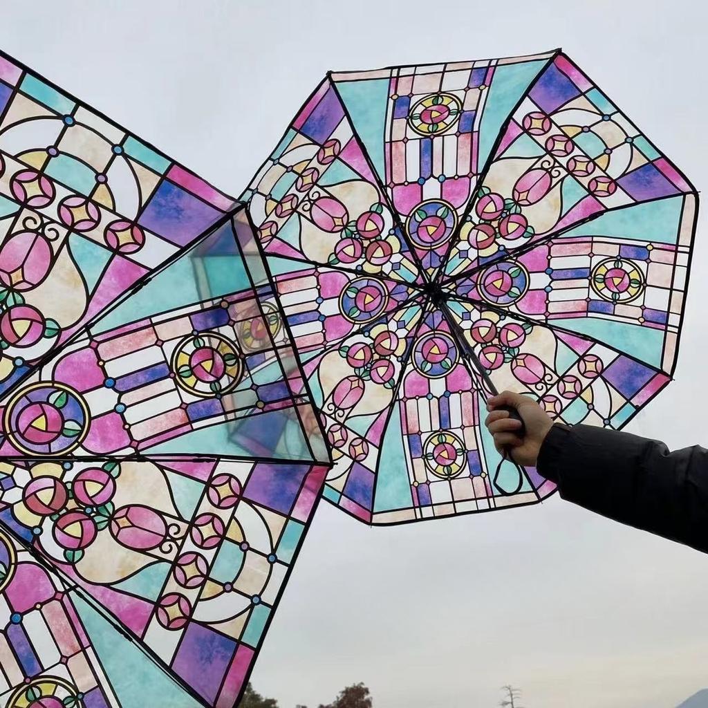 Hand-Painted Vintage Stained Glass Clear Umbrella, Romantic Automatic Folding Sun & Rain Umbrella, Portable Travel Umbrella