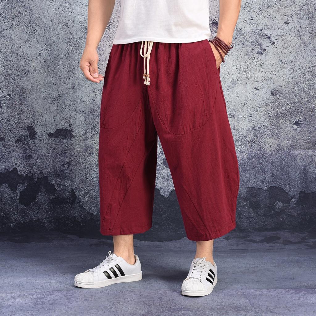 Summer new men's large-size cropped pants Chinese cotton and linen loose Harlan pants linen wide-leg pants